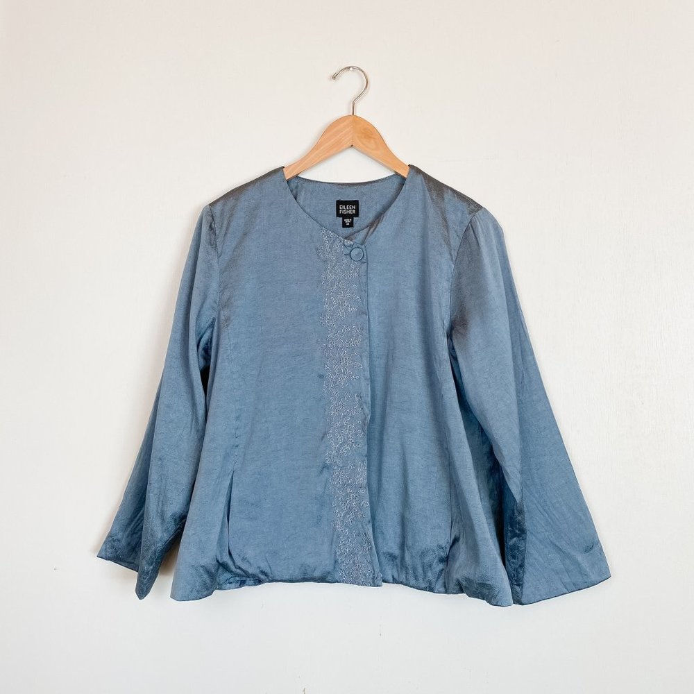 Eileen Fisher Blue Silk Embroidered Jacket, M